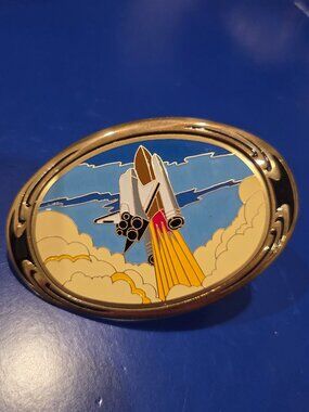 Vintage NAP 1986 NASA Space Shuttle Launch Solid Brass Enamel Belt Buckle